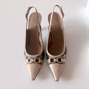 STUART WEITZMAN Leather Cheetah Fabric Sling-back Heels